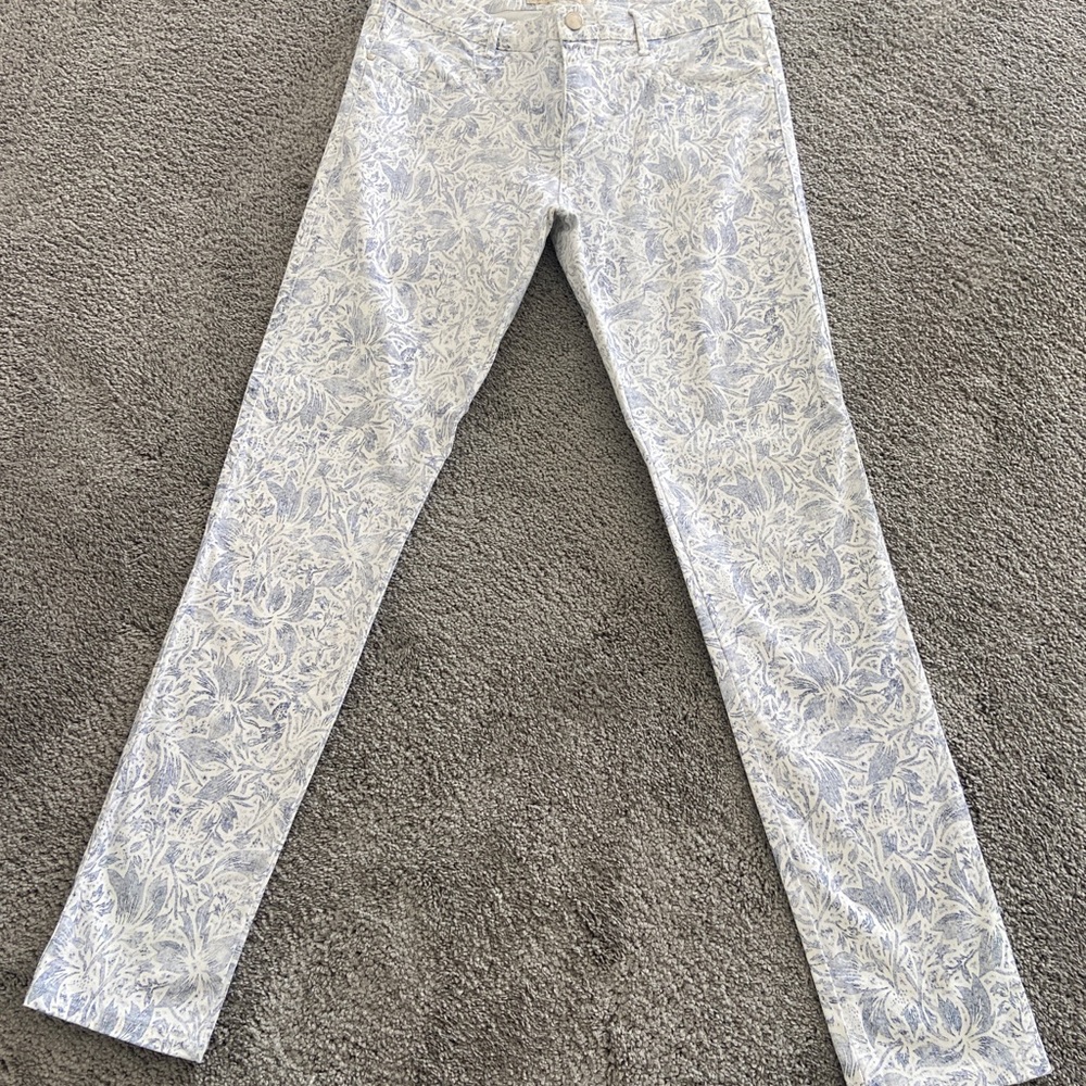 Zara Denim Floral Print Skinny Jeans White/Blue 6